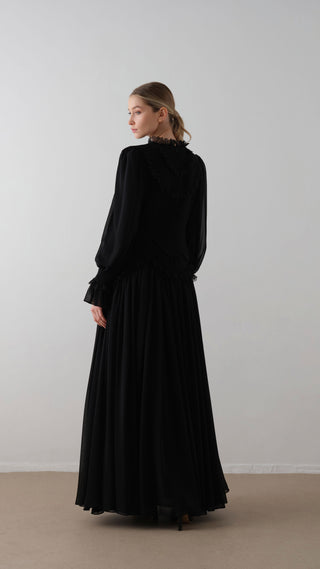 Lace-Trimmed Layered Crepe Dress – Black