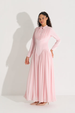BEL FORMU KORSE GÖRÜNÜMLÜ KREP ELBİSE Pembe