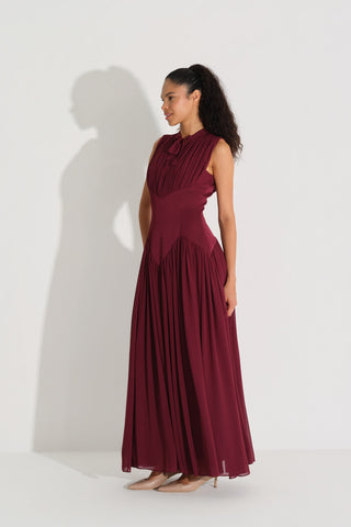 BEL FORMU KORSE İŞLEMELİ ŞİFON KREP ELBİSE Bordo