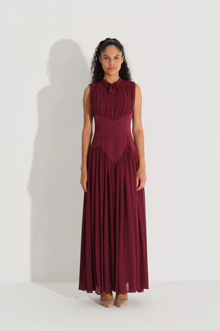 BEL FORMU KORSE İŞLEMELİ ŞİFON KREP ELBİSE Bordo