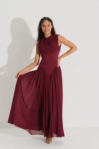 BEL FORMU KORSE İŞLEMELİ ŞİFON KREP ELBİSE Bordo