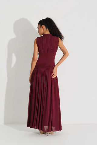 BEL FORMU KORSE İŞLEMELİ ŞİFON KREP ELBİSE Bordo