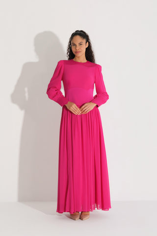 Stone-Embellished Waist Chiffon Dress – Fuchsia