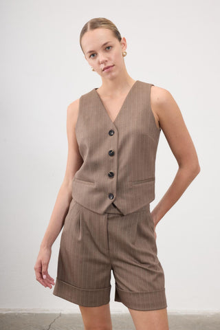 Benita Pinstripe Tailored Vest – Coffee