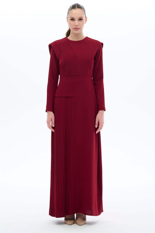 BORDO PİLELİ ELBİSE Bordo