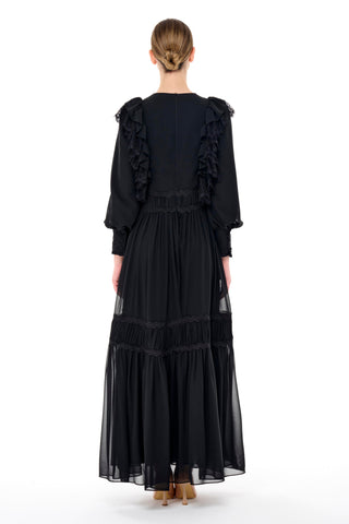 Lace Trim Gathered Tiered Dress – Black