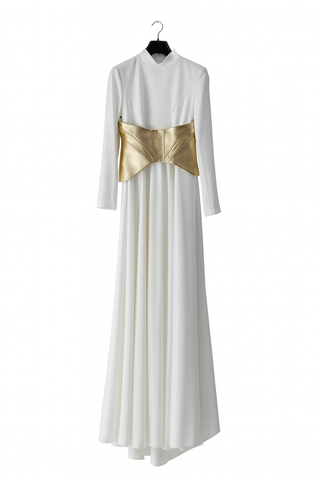 Satin Gown with Metallic Corset – White