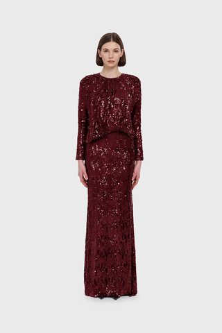 Sequin Long-Sleeve Formal Set with Draped Detail - Bordeaux