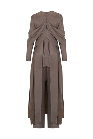 Cross-Stitch Detailed Top & Wide-Leg Pants Set – Camel