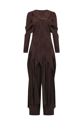 Cross-Stitch Detailed Top & Wide-Leg Pants Set – Brown