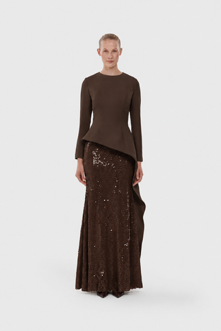 Long-Sleeve Asymmetric Sequin Evening Set - Brown