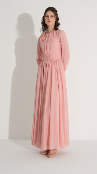 ÇİÇEK AKSESUARLI SİMLİ ELBİSE Pembe