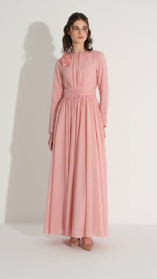 ÇİÇEK AKSESUARLI SİMLİ ELBİSE Pembe