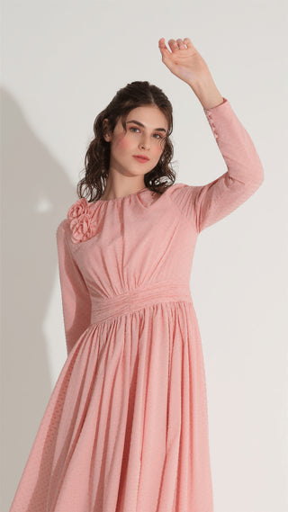 ÇİÇEK AKSESUARLI SİMLİ ELBİSE Pembe