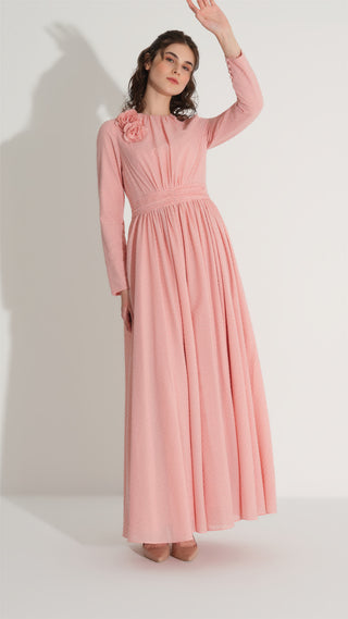 ÇİÇEK AKSESUARLI SİMLİ ELBİSE Pembe