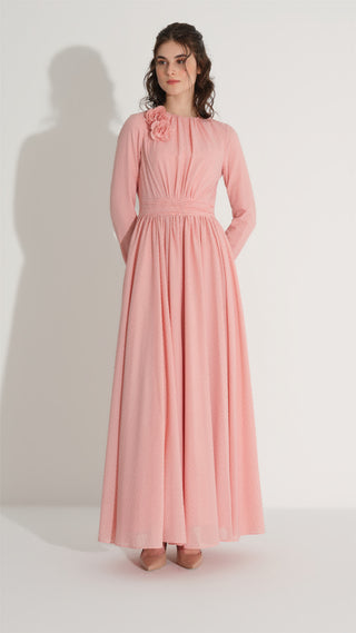 ÇİÇEK AKSESUARLI SİMLİ ELBİSE Pembe