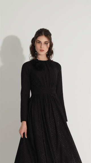 Floral Detail Glitter Dress – Black