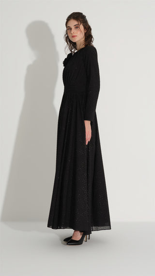 Floral Detail Glitter Dress – Black