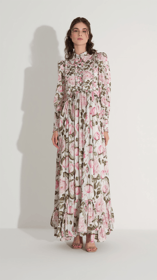 Floral Satin Tiered Dress – Pink