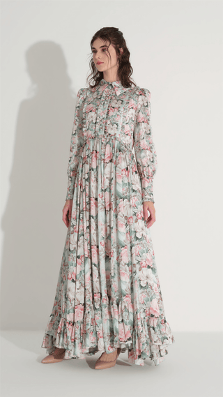 Floral Satin Tiered Dress – Mint