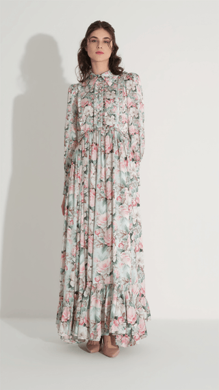 Floral Satin Tiered Dress – Mint