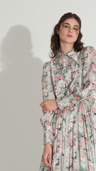 Floral Satin Tiered Dress – Mint
