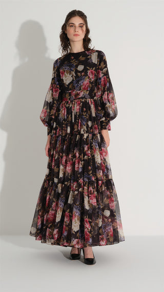 Floral Silk Chiffon Dress – Black