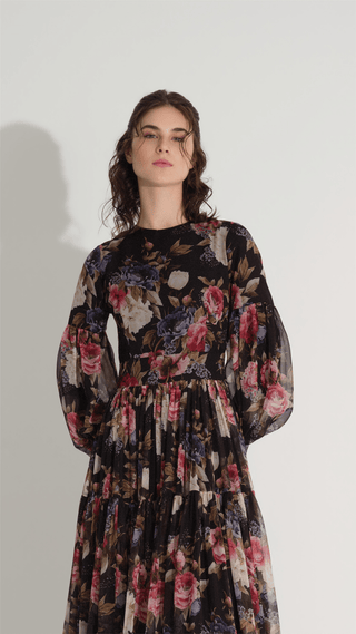 Floral Silk Chiffon Dress – Black