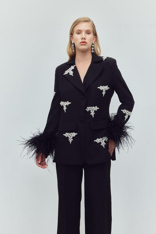 Crystal Crown Feather Embellished Set – Black