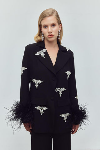 Crystal Crown Feather Embellished Set – Black