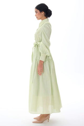 Lace Panel Belted Shirt Dress – Green