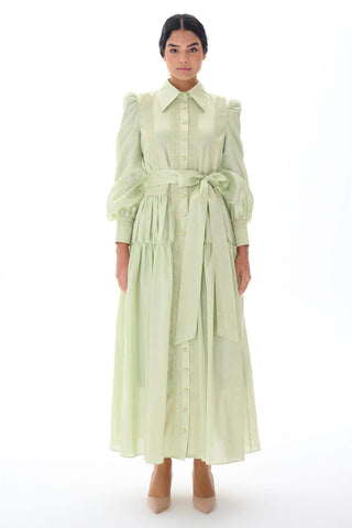 Lace Panel Belted Shirt Dress – Green