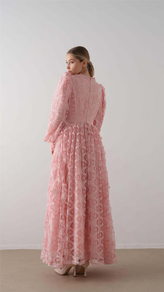DANTELLİ ETEĞİ KABARIK ELBİSE Pembe