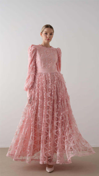 DANTELLİ ETEĞİ KABARIK ELBİSE Pembe