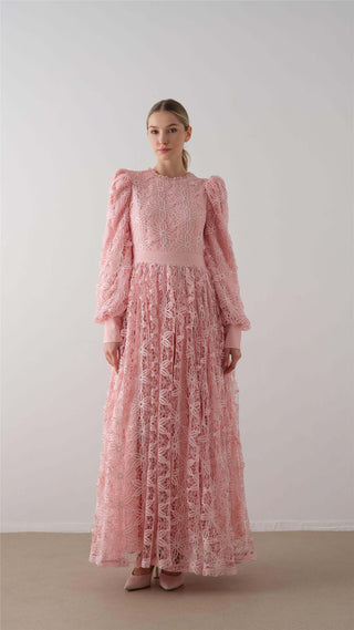 DANTELLİ ETEĞİ KABARIK ELBİSE Pembe