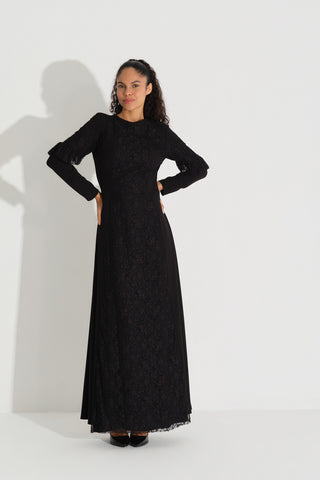 Lace Panel Crepe Dress – Black