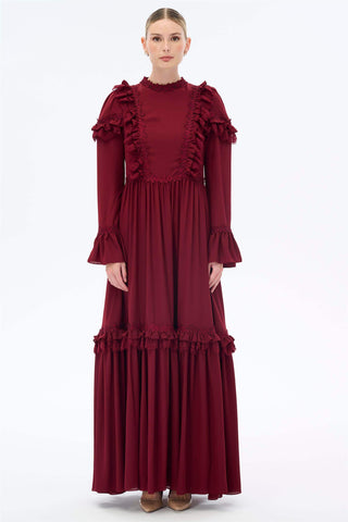 Lace Ruffle Detail Maxi Dress – Burgundy