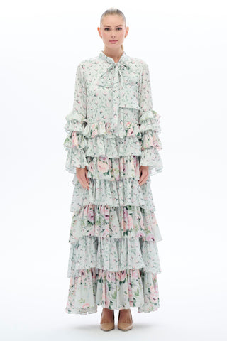 Layered Floral Modest Dress - Mint