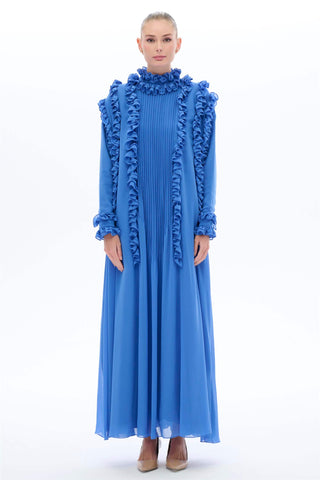 Pleated Ruffle Maxi Dress – Blue
