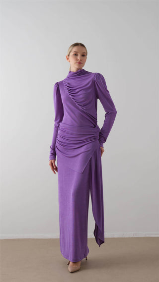 Ruched Turtleneck Dress – Purple
