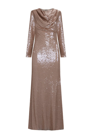 Draped Sequin Evening Dress – Dark Cream