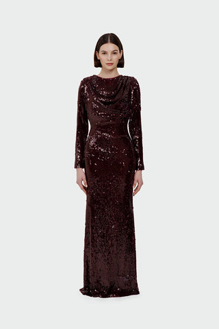 Draped Sequin Evening Dress – Burgundy