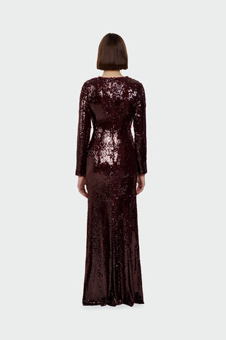 Draped Sequin Evening Dress – Burgundy