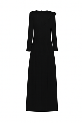 Asymmetric Draped Long-Sleeve Evening Dress - Black