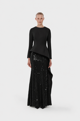 Long-Sleeve Asymmetric Sequin Evening Set - Black