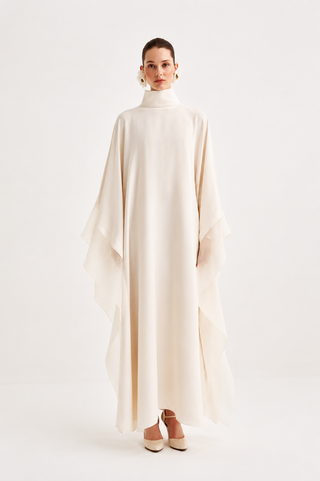 cream kaftan dress Modest Off-White Kaftan Dress with Premium Gold Embellishments 2XL / 58 / Matching Embroidered Scarf (24 X 71 Inches)