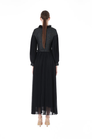 Shimmer Tweed Bodice Pleated Dress – Black