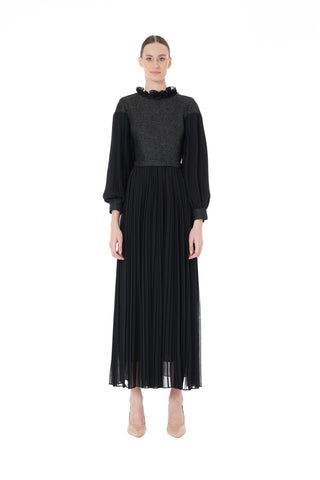 Shimmer Tweed Bodice Pleated Dress – Black