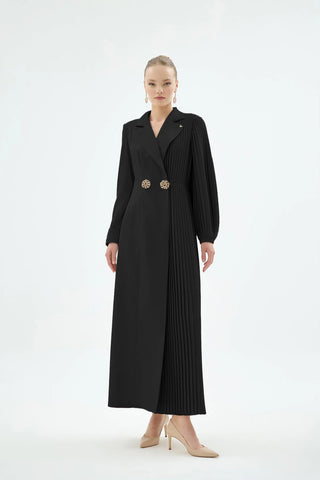 Pleated Panel Embellished Button Dress – Black