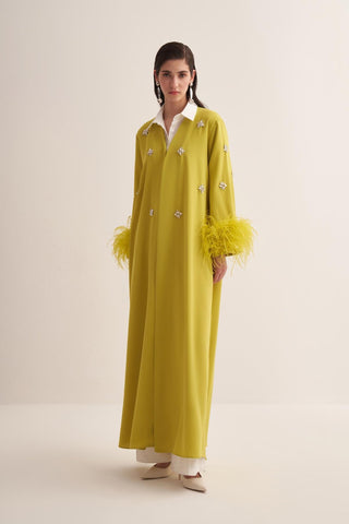 Elissa Feathered Crystal Embellished Abaya – Light Green